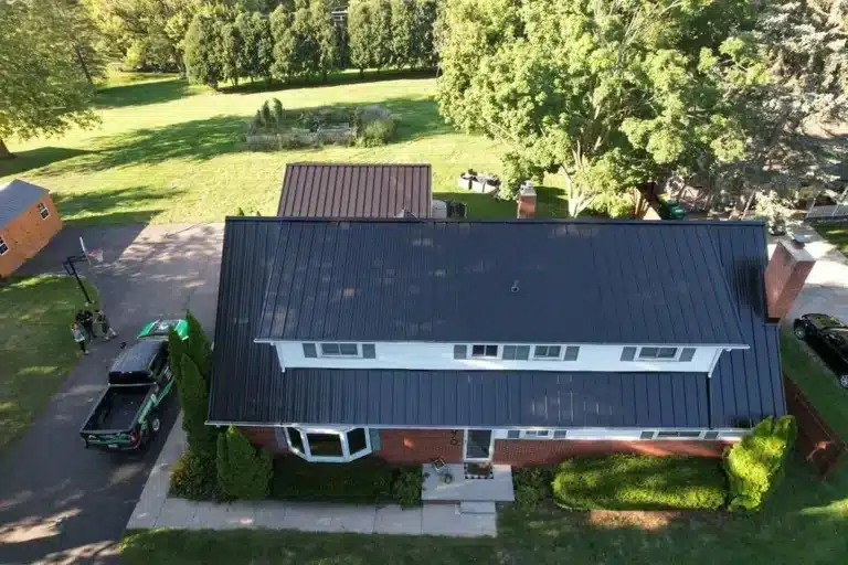 front view of roof replacement after metal installation