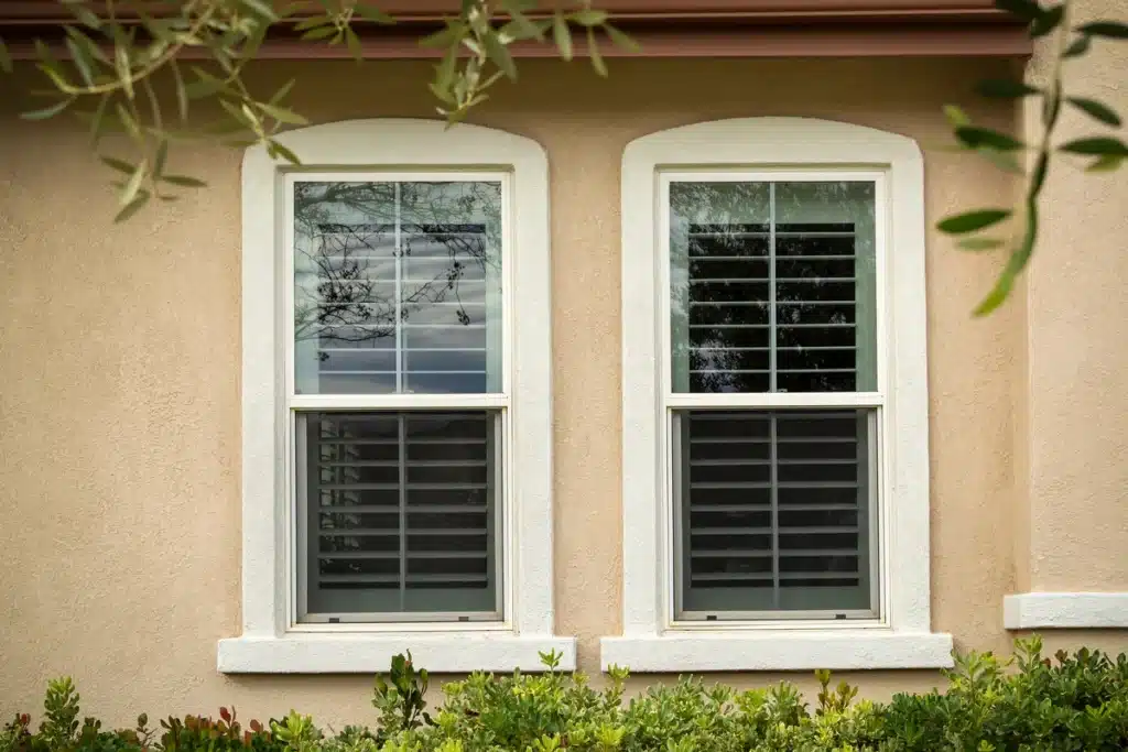 window types with two single hung windows on tan house
