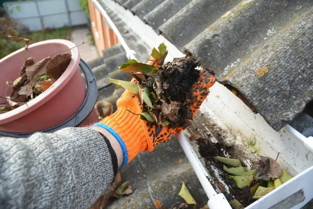 homeowner clearing the rain gutter debris