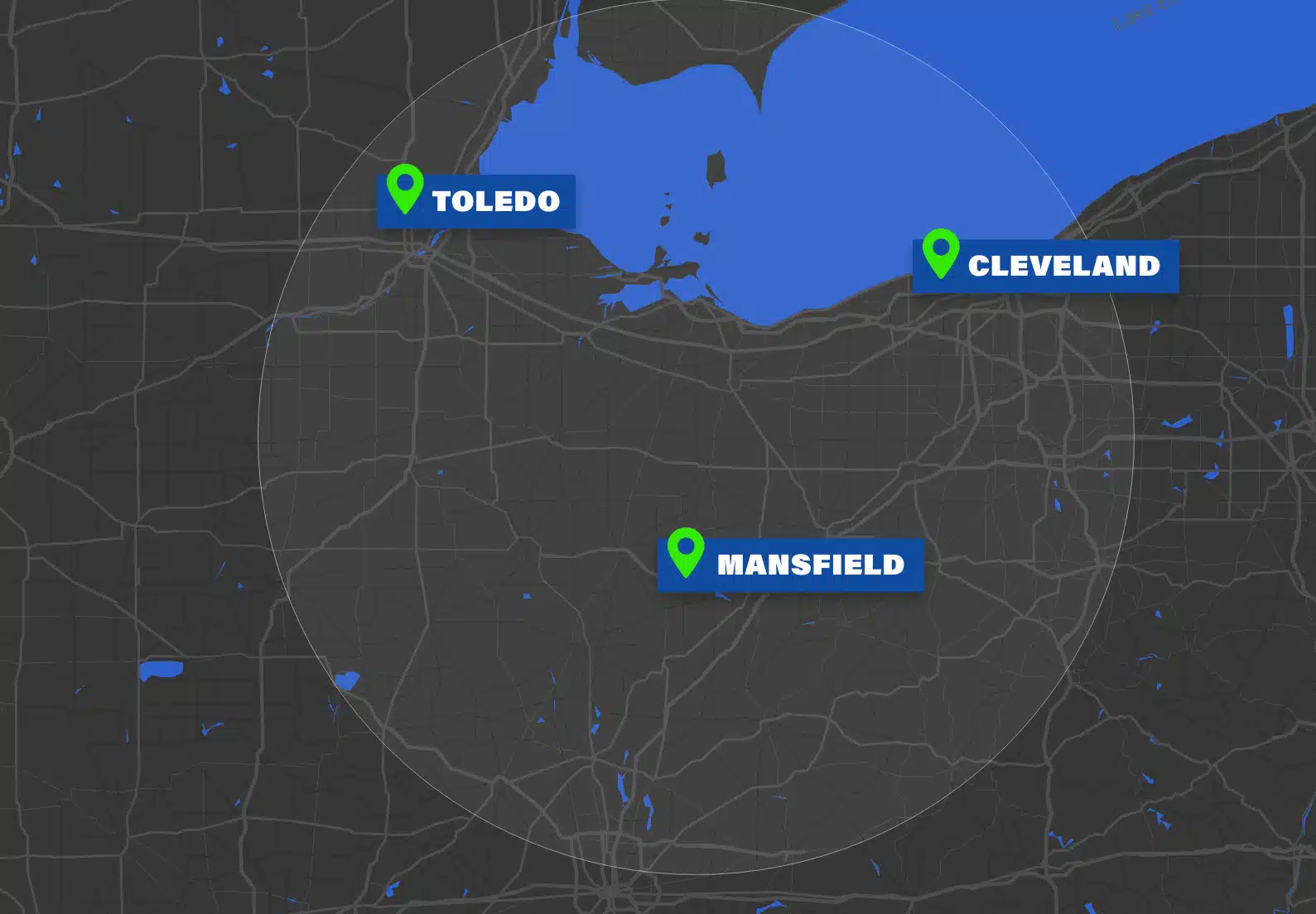 Map of SMR Home Pros service areas featuring Toledo and Cleveland branch.