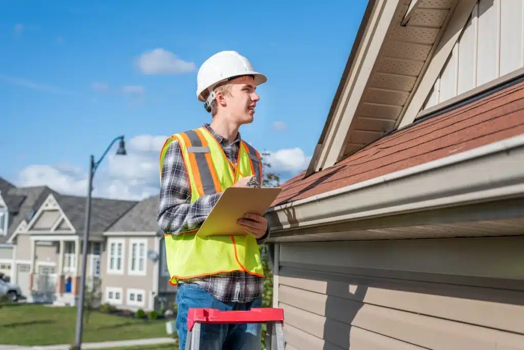 Roofer inspects an asphalt shingle roof