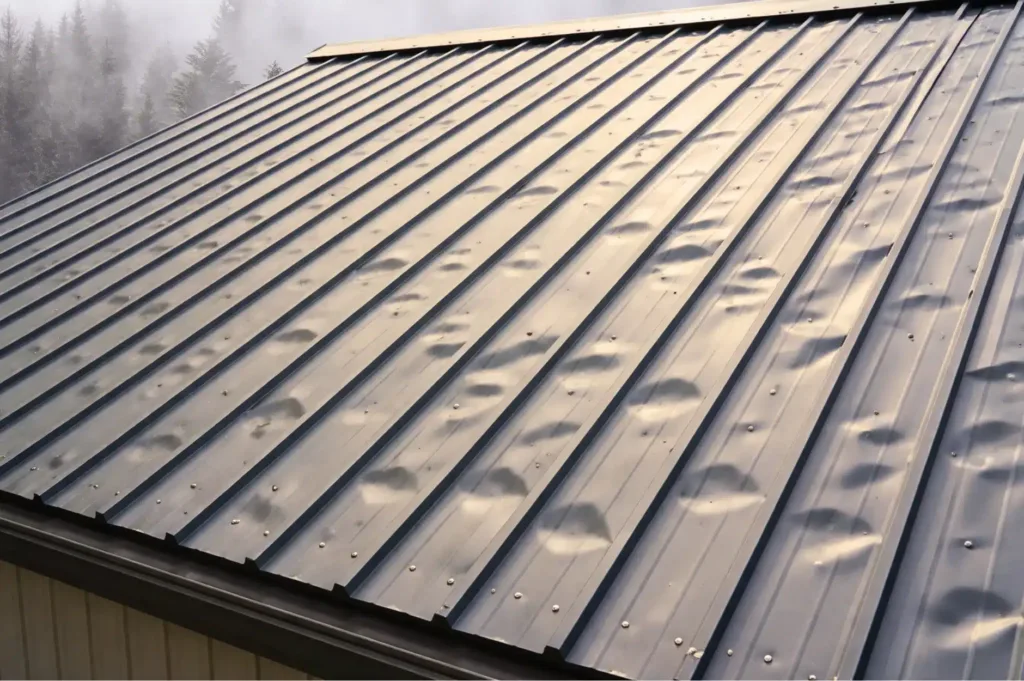 A metal roof has hail damage
