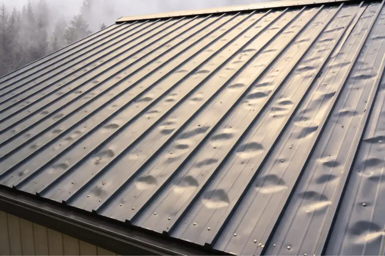 A metal roof has hail damage