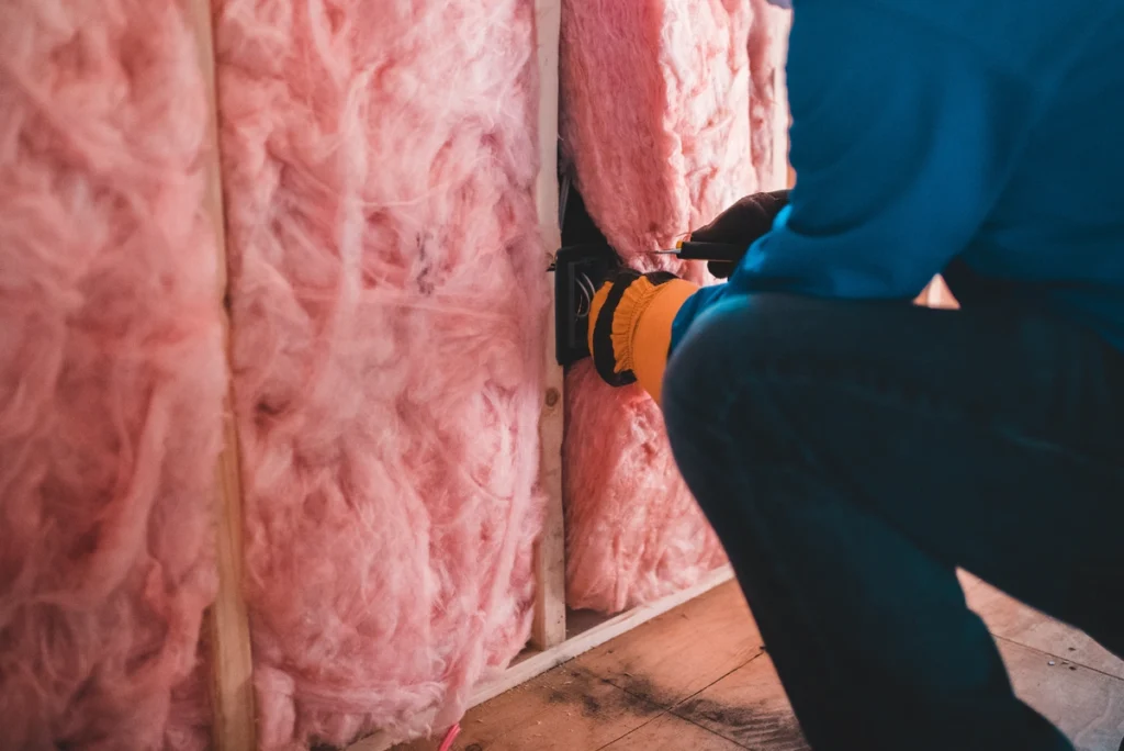 attic insulation removal-technician using utility knife to cut insulation batting