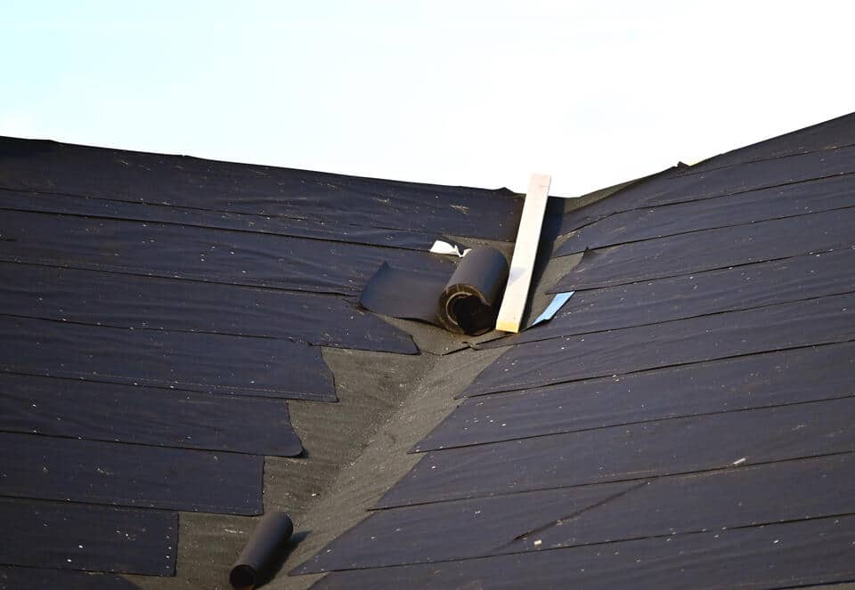 synthetic underlayment-close up of synthetic roof underlayment on a house roof