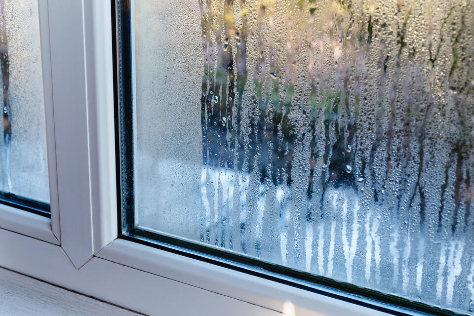 window leaking from top-close up of windows covered in condensation