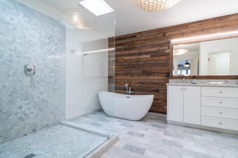 bathroom flooring options-classic tiling floor in a bathroom with wood walls