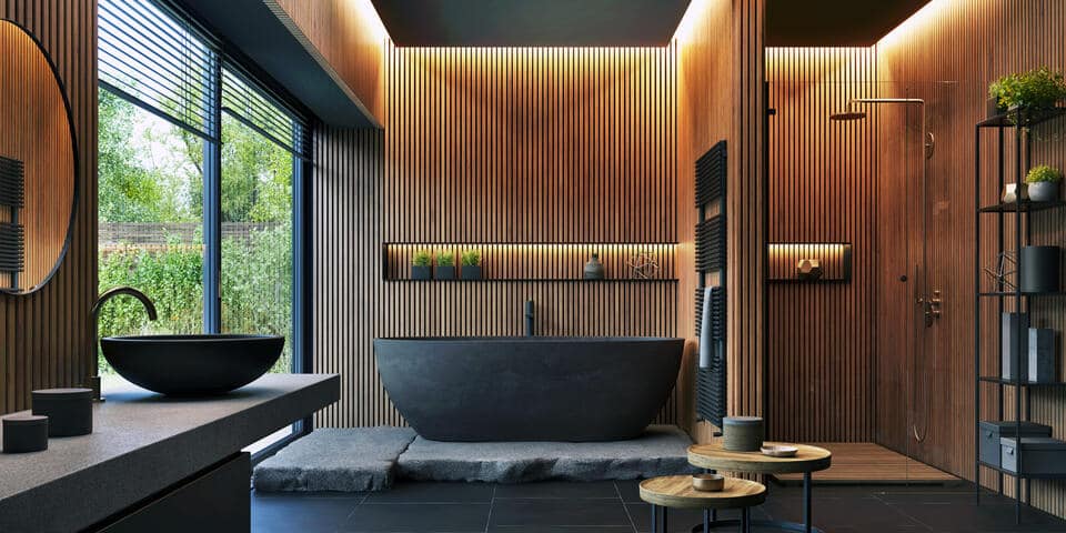 bathroom lighting ideas-modern bathroom with black features and ceiling lighting