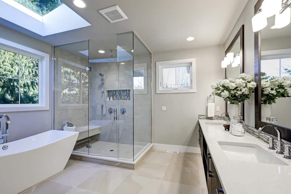 bathroom lighting ideas-modern bathroom with various types of lighting