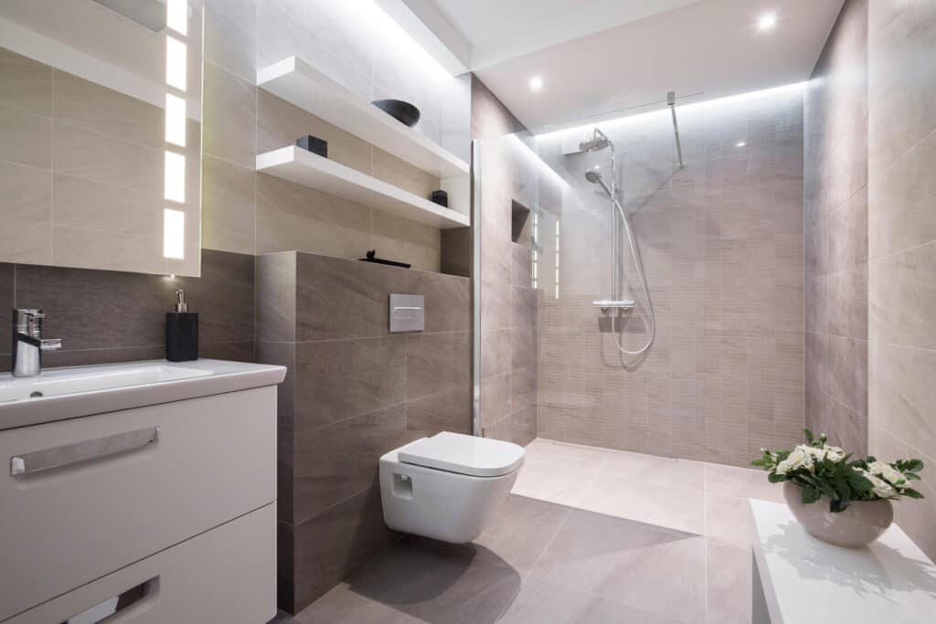 bathroom remodeling-beautiful newly renovated bathroom with sleek lines and large shower