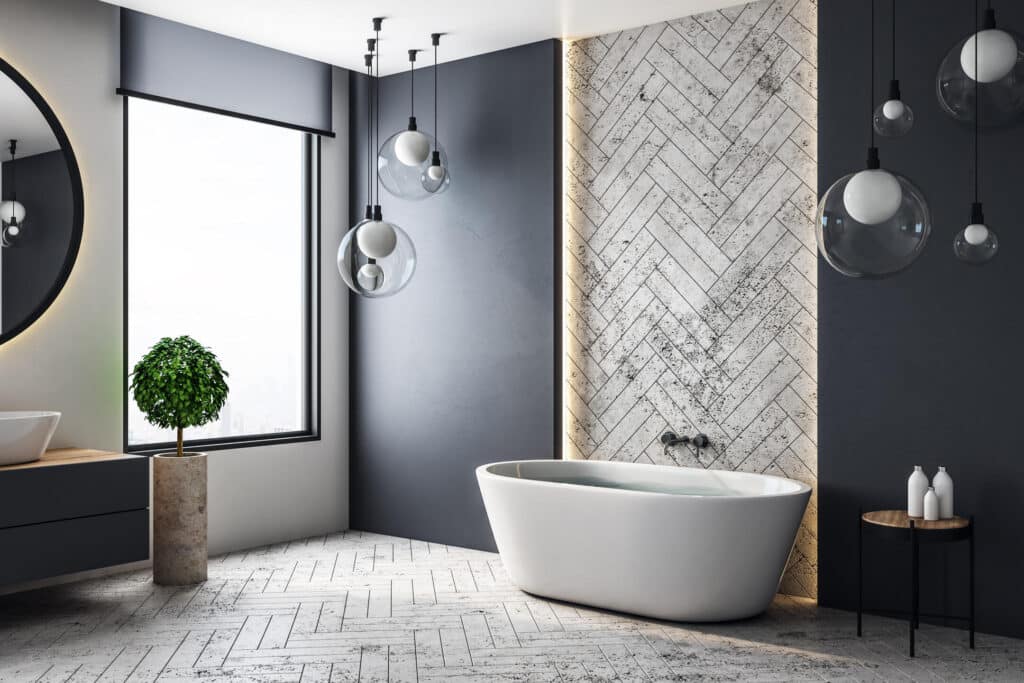bathroom remodeling-modern bathroom with intricate tiling and stylish lighting